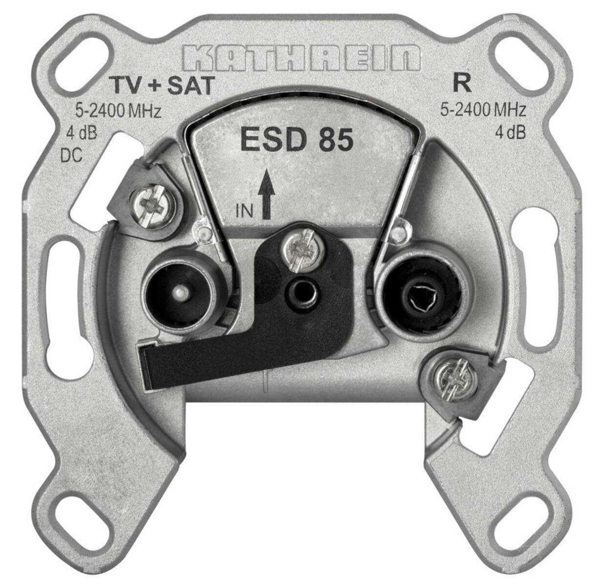 Eine Metall-TV- und Satelliten-Wandsteckdose mit beschrifteten Eingängen für TV, SAT und R. Sie enthält die Modellnummer 'ESD 85' und Frequenzdetails.