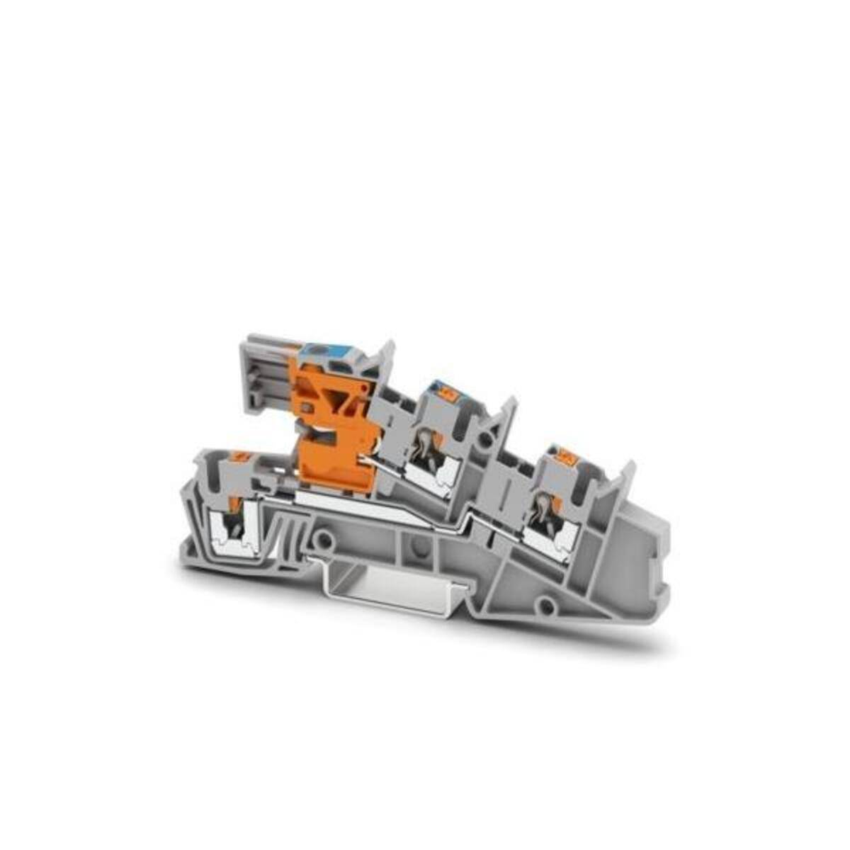 Querschnitt eines elektrischen Klemmleistenverbinders mit internen Metallkontakten und orangefarbenen Verriegelungshebeln in einem grauen Kunststoffgehäuse.