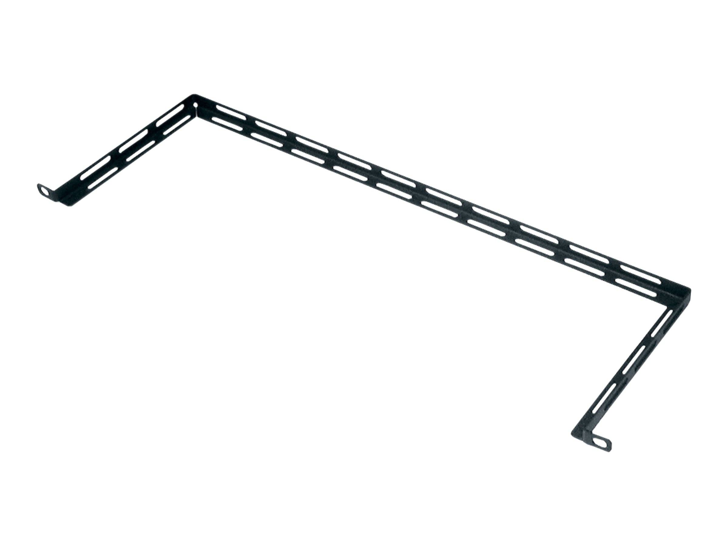 Schwarze Metall-Wandhalterung mit zwei gebogenen Haken und einem langen geschlitzten Stützarm, dargestellt auf weißem Hintergrund.