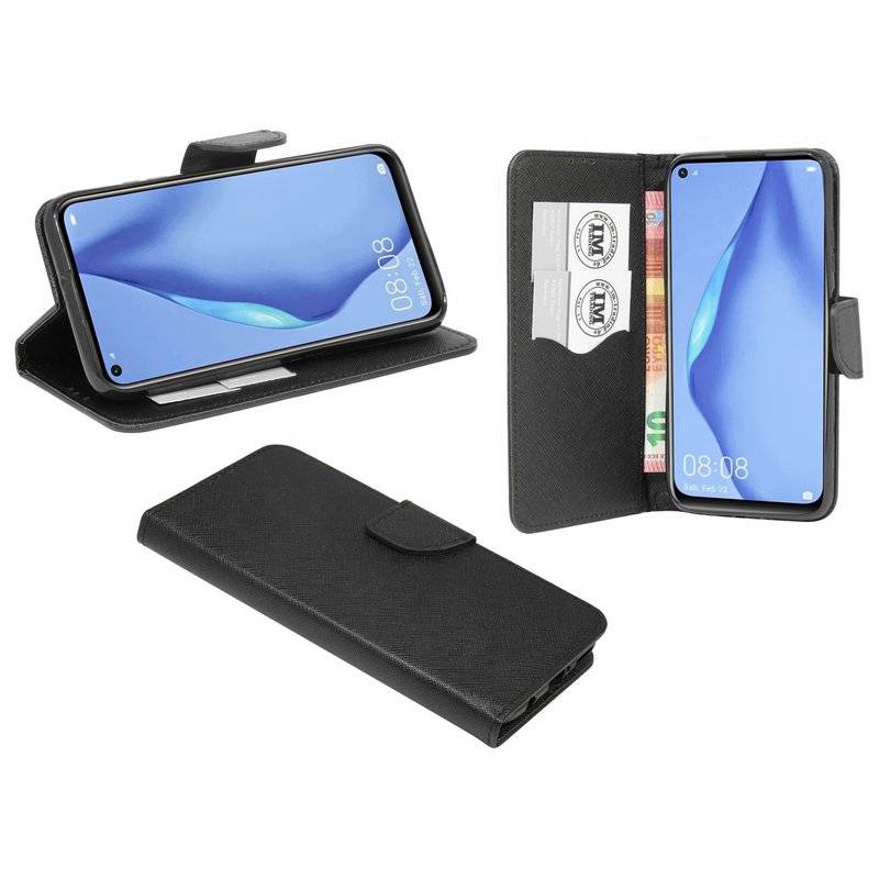 Buch Tasche "Fancy" für HUAWEI P40 LITE Handy Hülle Etui Brieftasche Schutzhülle mit Standfunktion, Kartenfach Schwarz