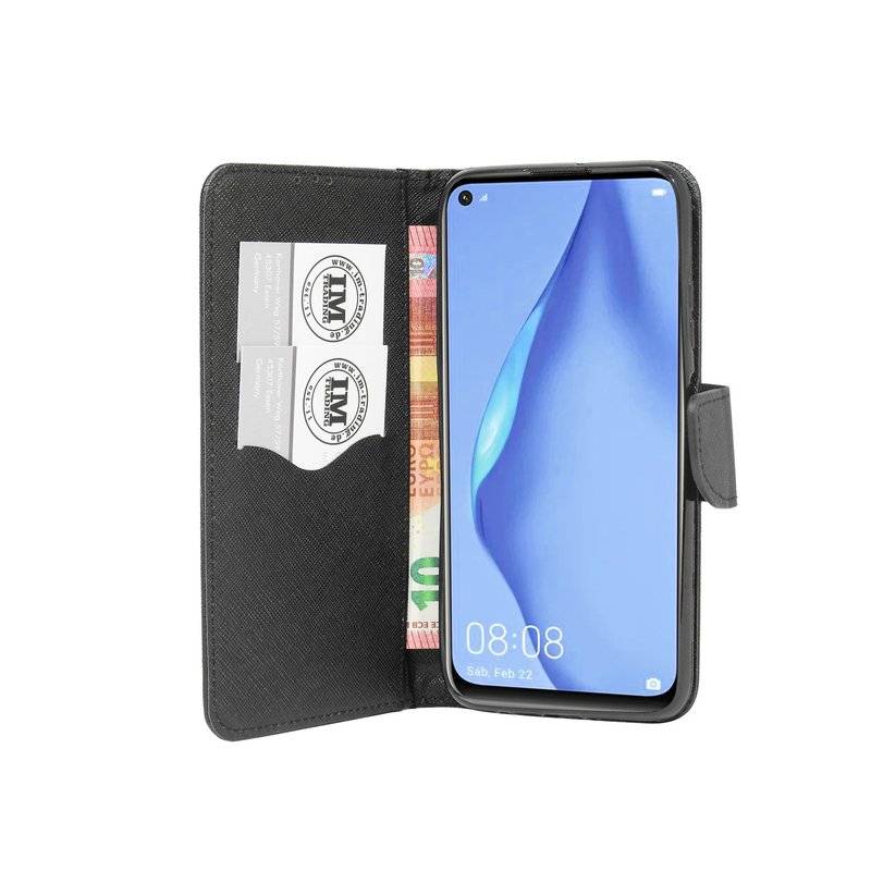 Buch Tasche "Fancy" für HUAWEI P40 LITE Handy Hülle Etui Brieftasche Schutzhülle mit Standfunktion, Kartenfach Schwarz