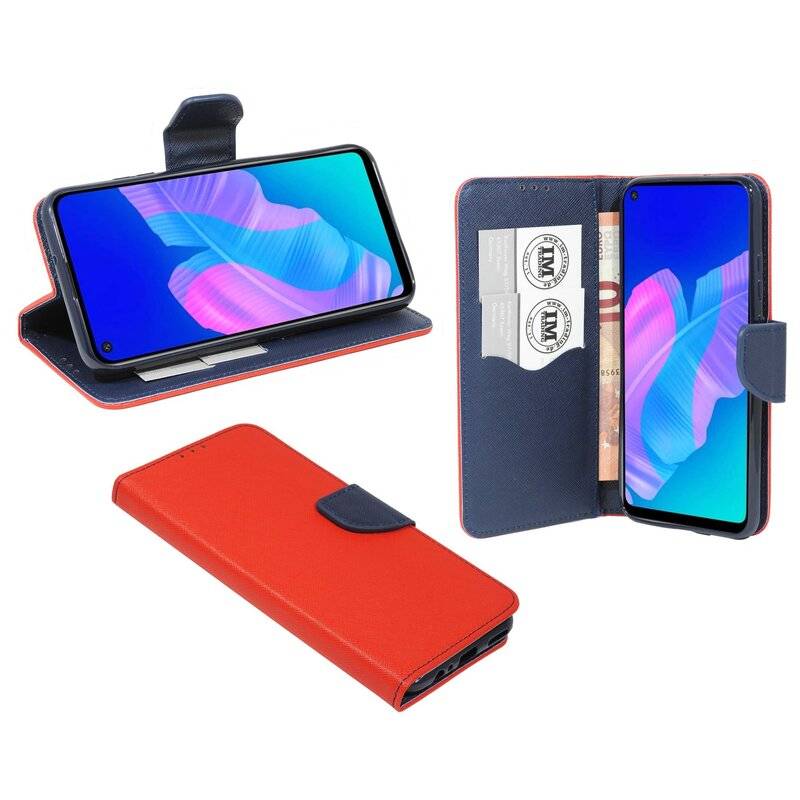 Buch Tasche "Fancy" für HUAWEI P40 LITE E Handy Hülle Schutzhülle mit Standfunktion, Kartenfach Rot-Blau