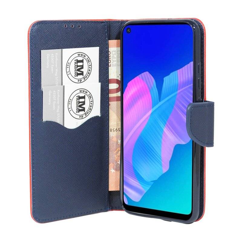 Buch Tasche "Fancy" für HUAWEI P40 LITE E Handy Hülle Schutzhülle mit Standfunktion, Kartenfach Rot-Blau