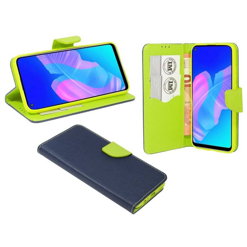 Buch Tasche "Fancy" für HUAWEI P40 LITE E Handy Hülle Schutzhülle mit Standfunktion, Kartenfach Blau-Grün