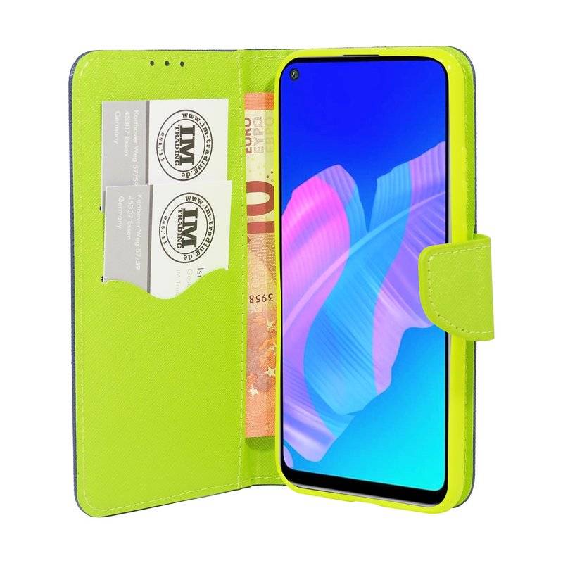 Buch Tasche "Fancy" für HUAWEI P40 LITE E Handy Hülle Schutzhülle mit Standfunktion, Kartenfach Blau-Grün