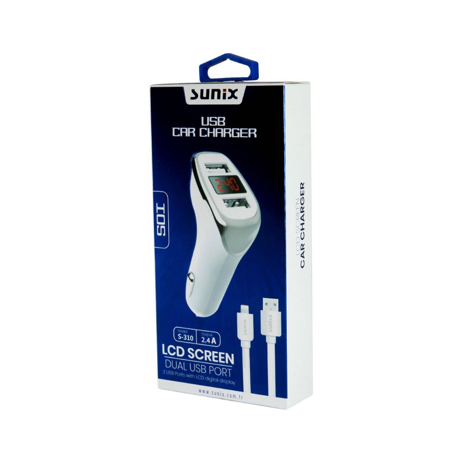 Sunix Autoladegerät Zigarettenanzünder Universal Schnellladung 2,4A + iOS Ladekabel Datenkabel Weiß