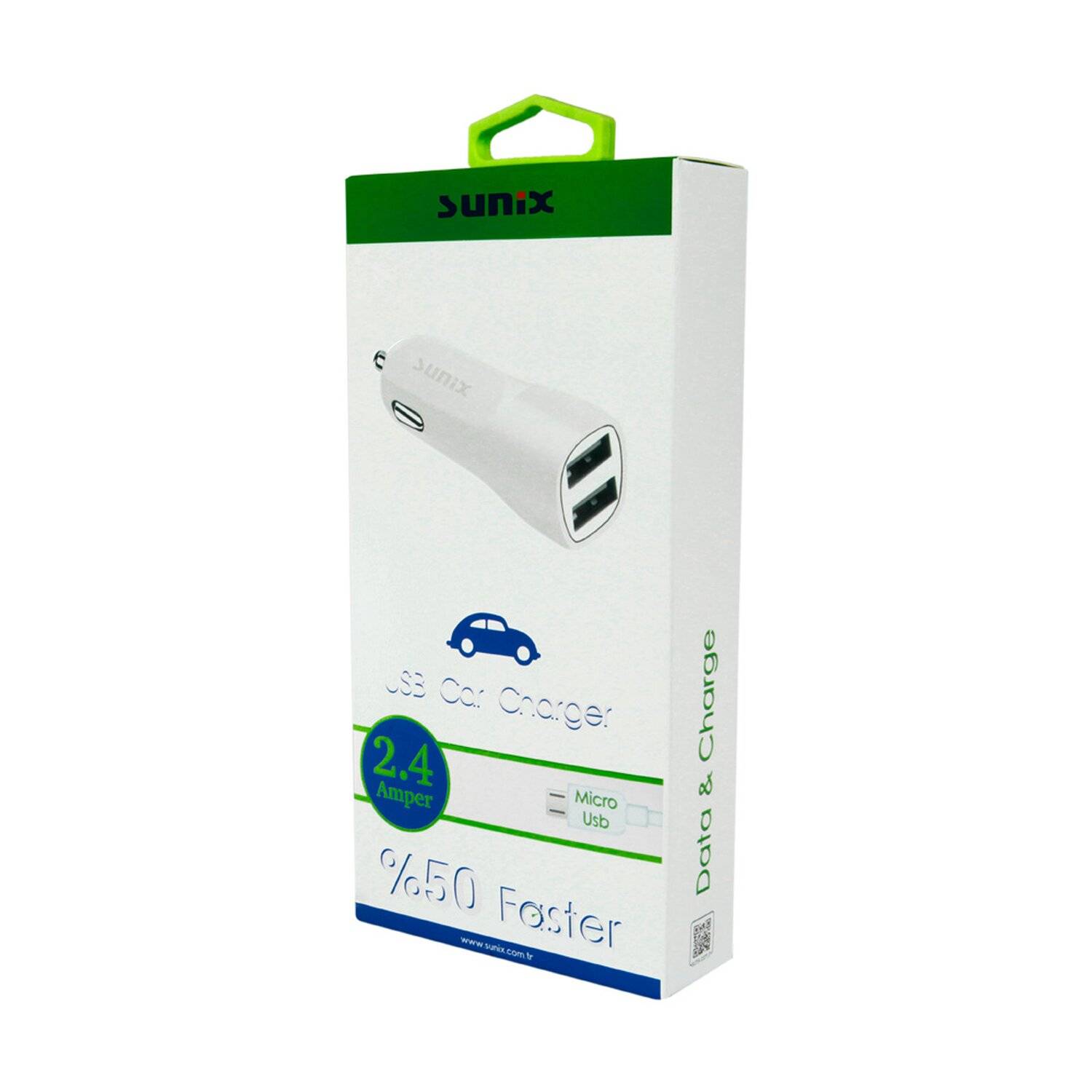 Sunix Universal PKW KFZ 2 Dual Port 12V Autoladegerät Zigarettenanzünder Schnellladung 2,4A + Micro-Usb Ladekabel Weiß