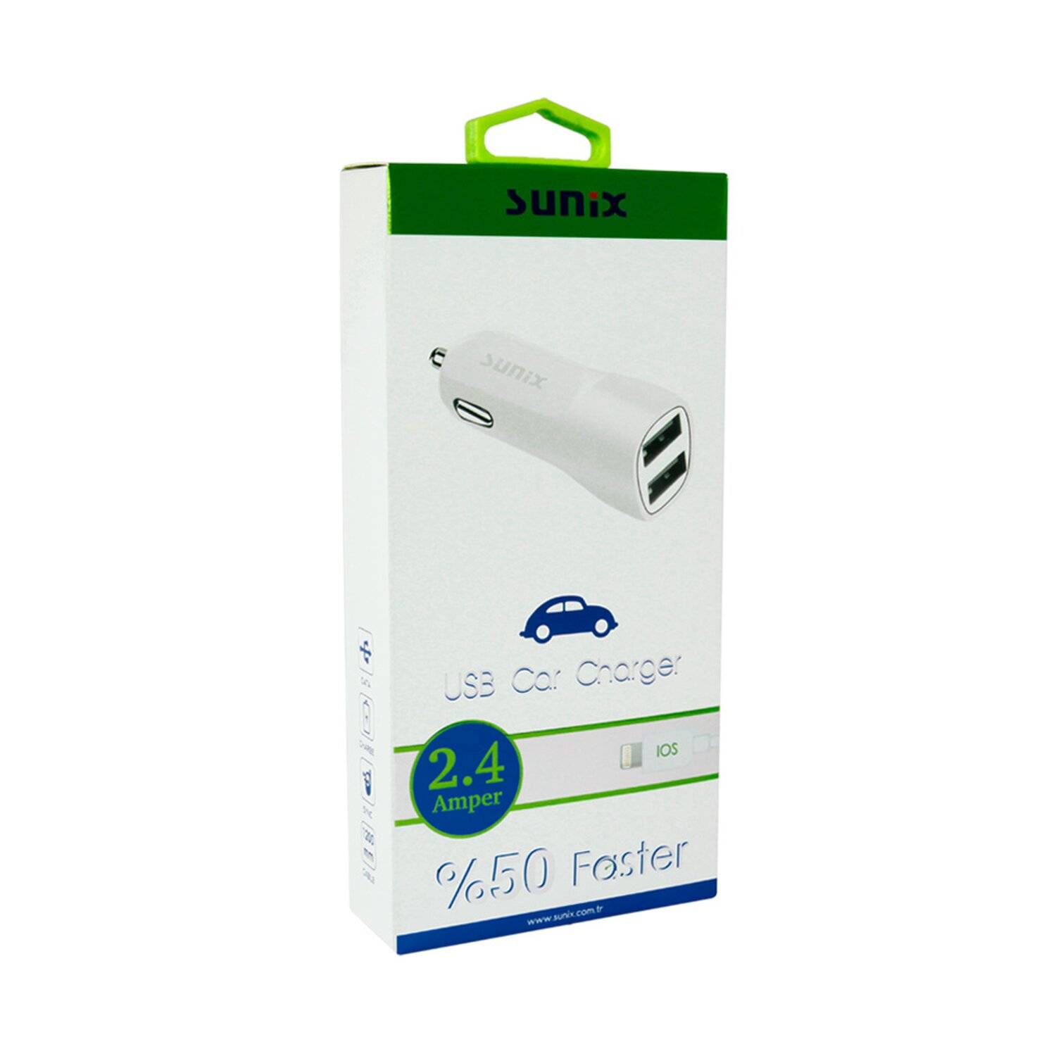 Sunix Universal PKW KFZ 2 Dual Port 12V Autoladegerät Zigarettenanzünder Schnellladung 2,4A + iOS Ladekabel Weiß