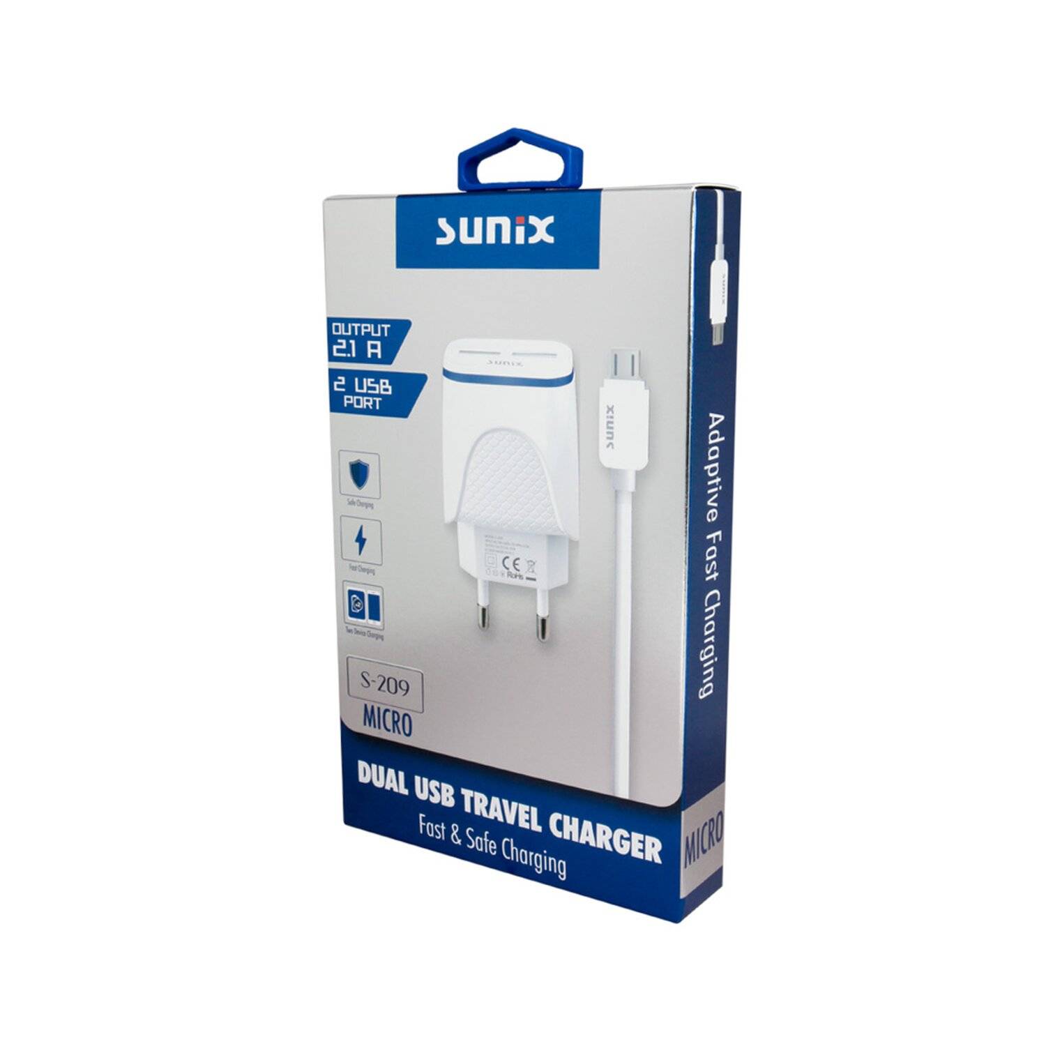 Sunix Netzteil Schnell Ladegerät 2,1A Tragbares 2X USB Dual Port Fast Charge + 1,2m Micro-Usb Kabel in Weiß