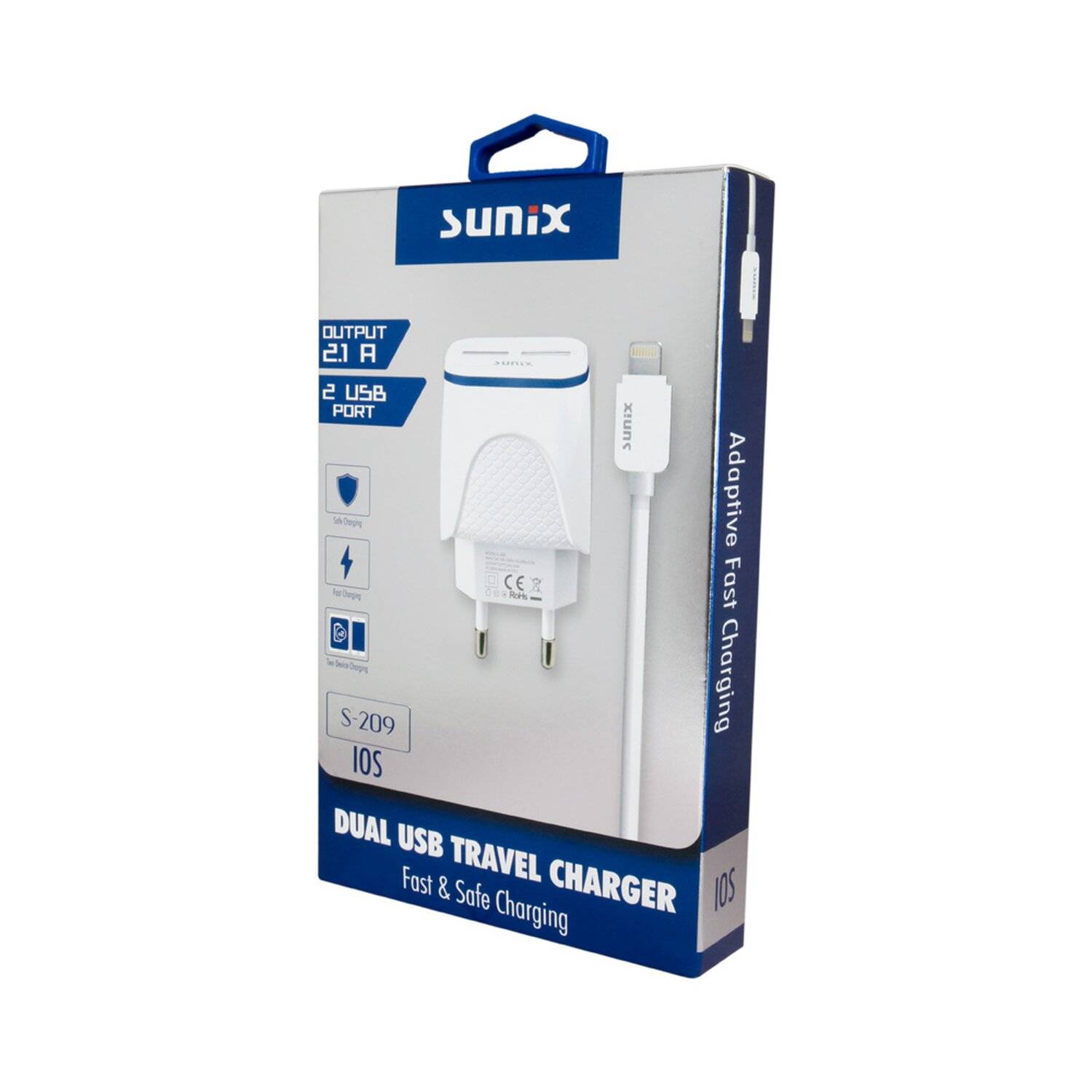 Sunix Netzteil Schnell Ladegerät 2,1A Tragbares 2X USB Dual Port Fast Charge + 1,2m iOS Kabel in Weiß