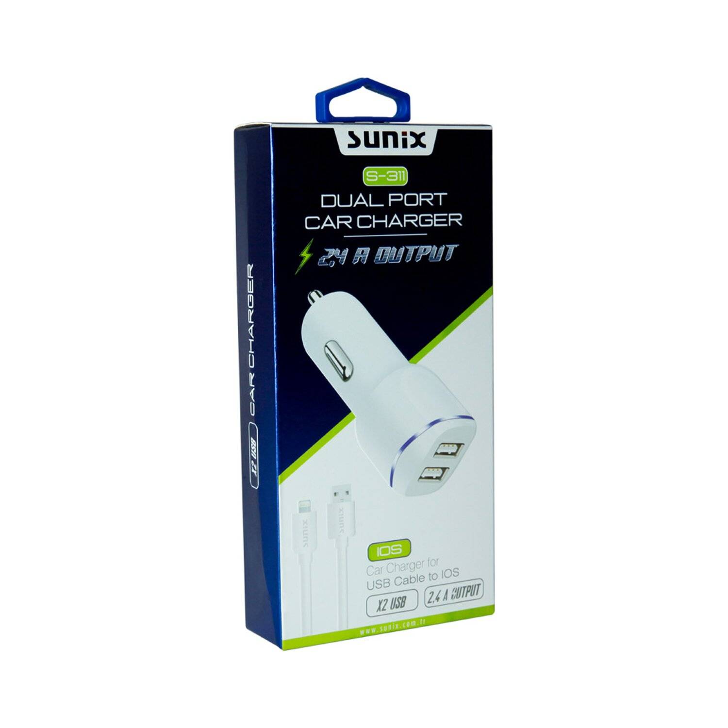 Sunix KFZ 2.4A Auto Ladegerät 2x USB Dual Port Zigarettenanzünder Ladeadapter + 1.2M iOS Ladekabel Weiß