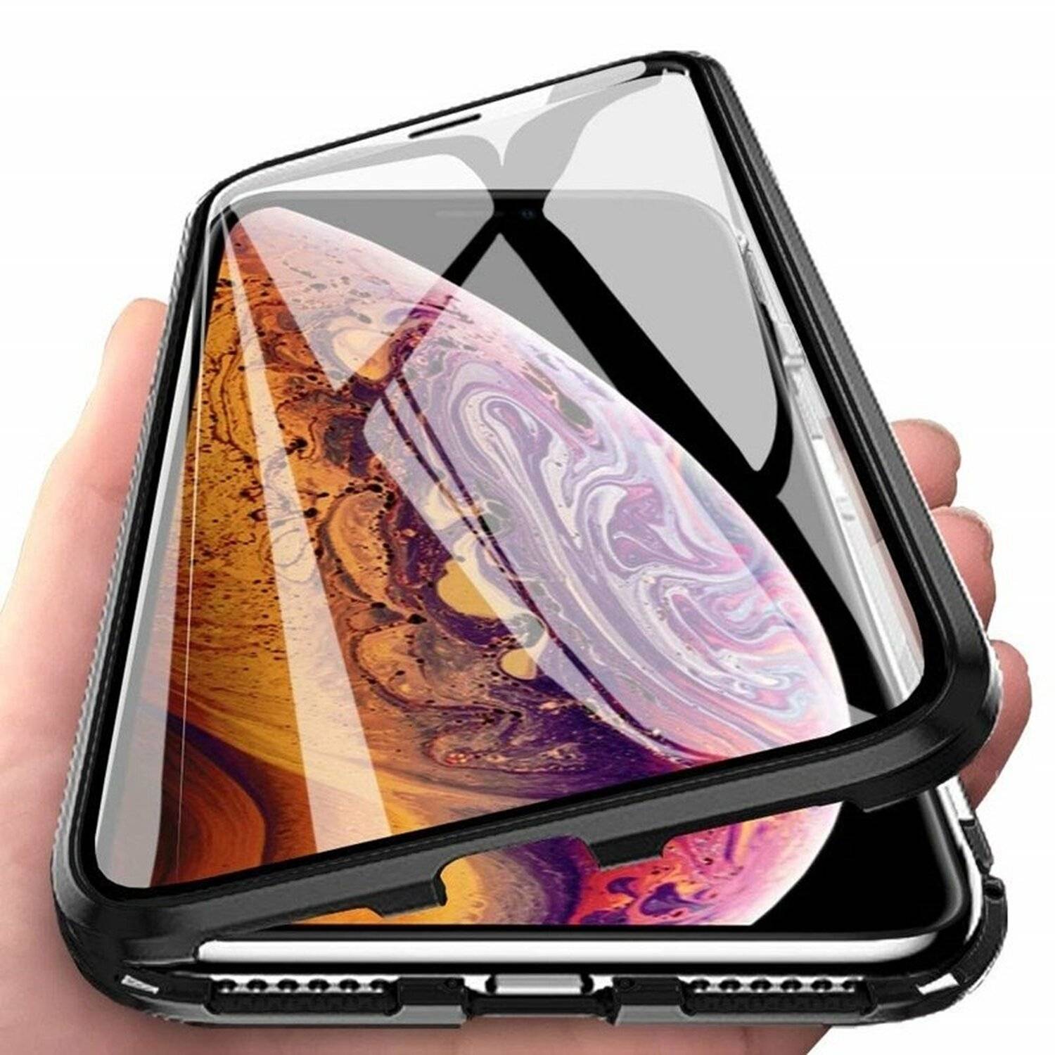 360° Magnet Full Slim Metall Case Schutz Tasche Handyhülle Handyschale mit Schutzglas Vorderseite und Rückseite Schwarz für Xiaomi Mi 9 SE