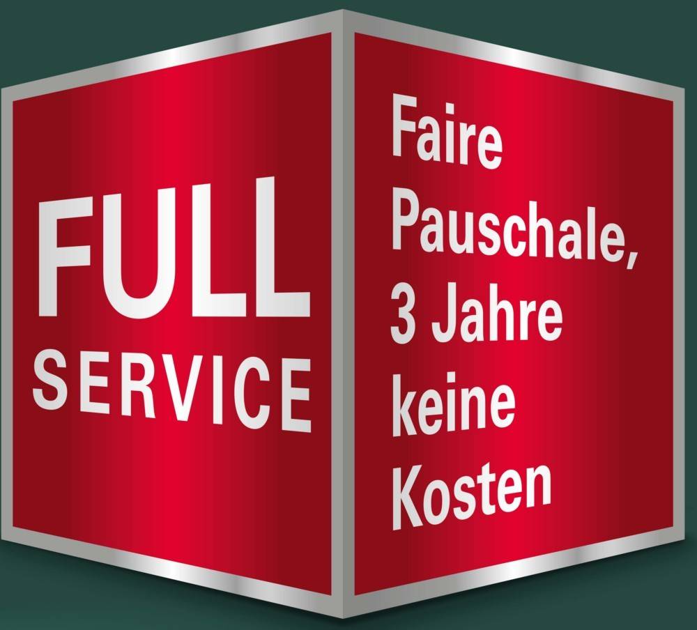 Roter Würfel mit weißem Text: 'FULL SERVICE, Faire Pauschale, 3 Jahre keine Kosten'.