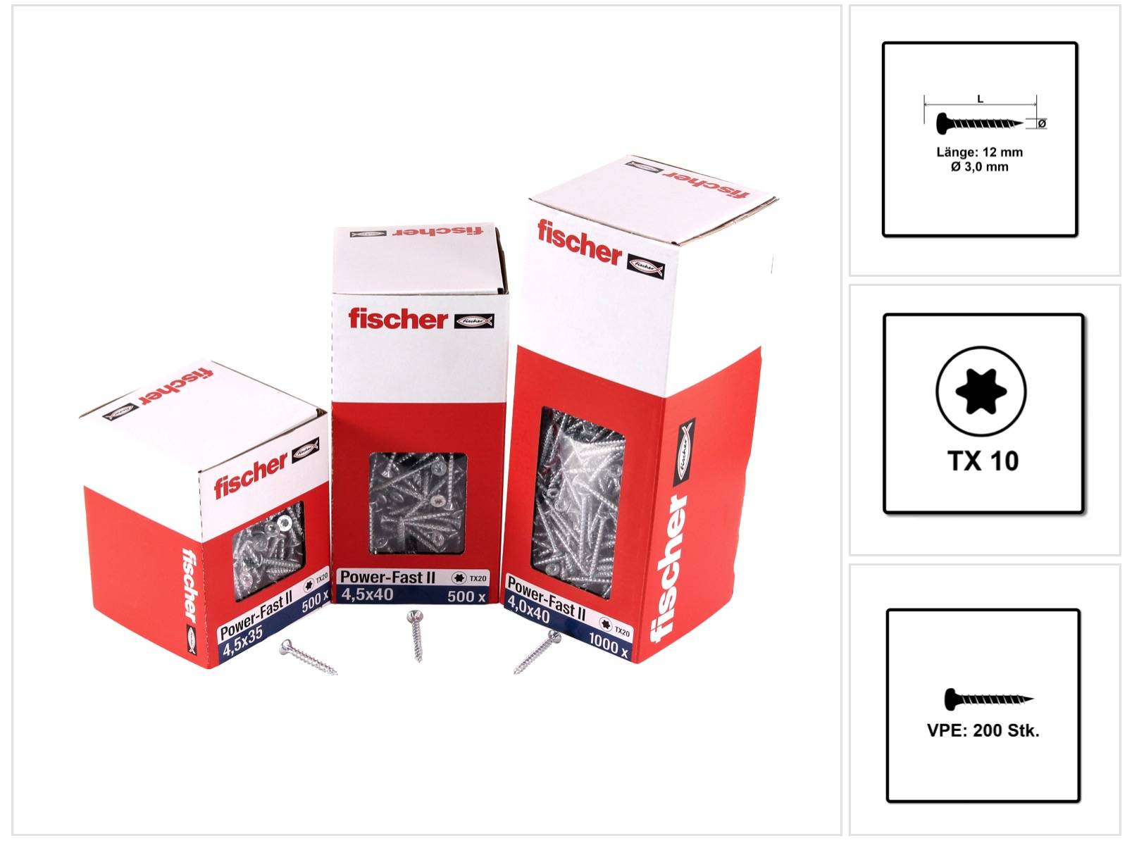 Fischer Power-Fast II FPF II Spanplattenschraube 3,0x12 mm 200 Stück ( 670056 ) Pan Head mit Torx Vollgewinde galvanisch verzinkt, blau passiviert