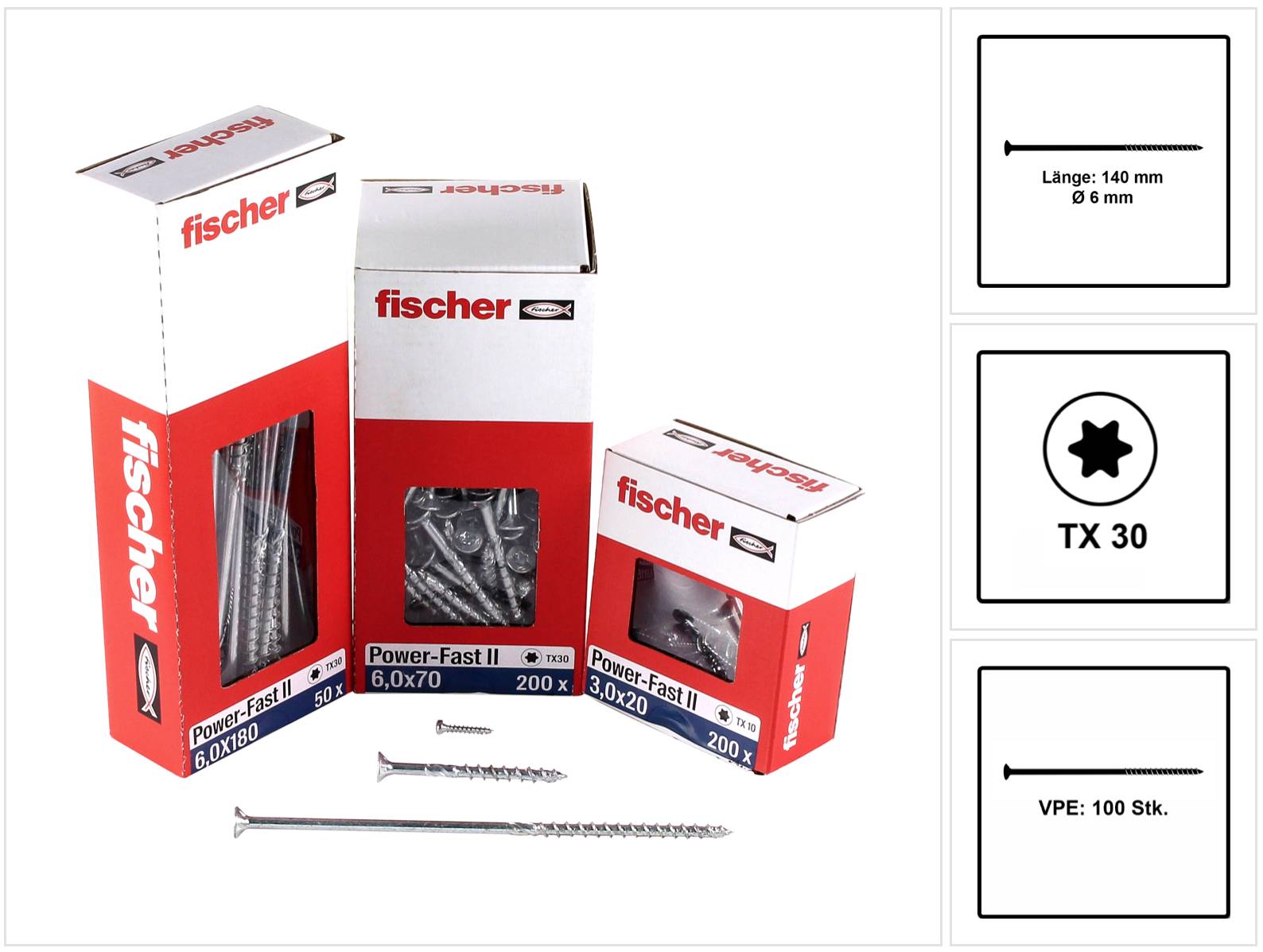 Fischer Power-Fast II FPF II Spanplattenschraube 6,0x140 mm 100 Stück ( 670462 ) Senkkopf mit Torx Teilgewinde galvanisch verzinkt, blau passiviert