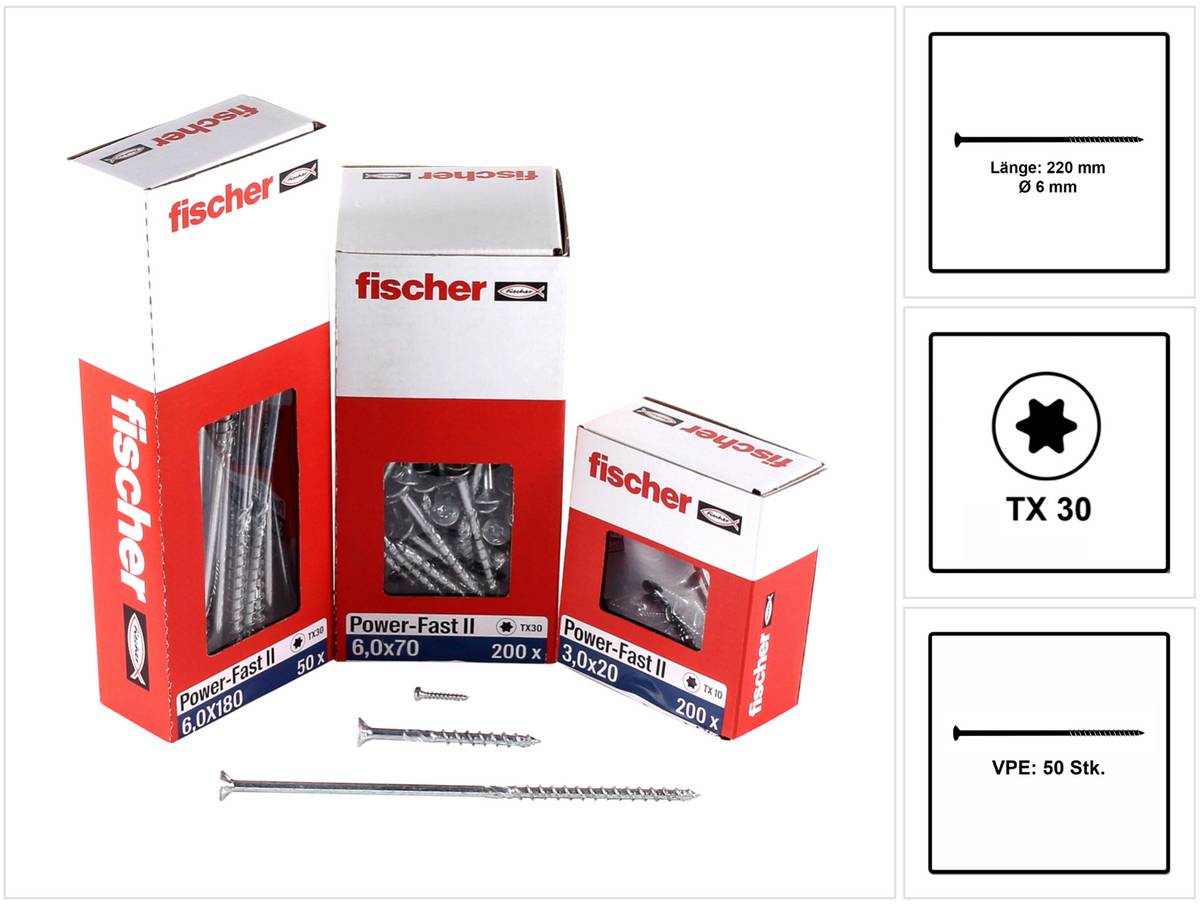 Fischer Power-Fast II FPF II Spanplattenschraube 6,0x220 mm 50 Stück ( 670467 ) Senkkopf mit Torx Teilgewinde galvanisch verzinkt, blau passiviert