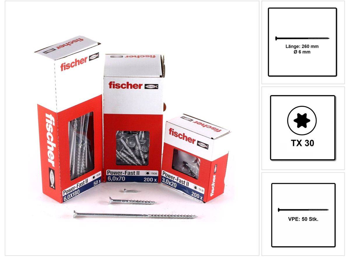 Fischer Power-Fast II FPF II Spanplattenschraube 6,0x260 mm 50 Stück ( 670471 ) Senkkopf mit Torx Teilgewinde galvanisch verzinkt, blau passiviert