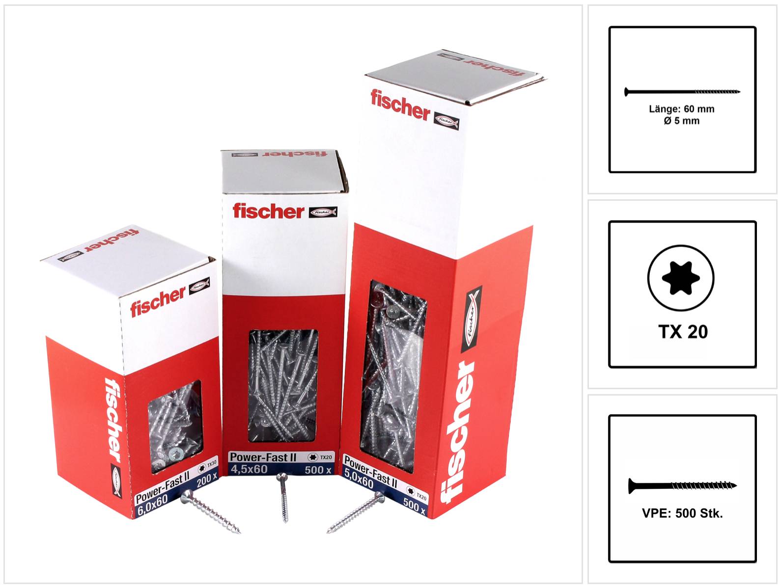 Fischer Power-Fast II FPF II Spanplattenschraube 5,0x60 mm 500 Stück ( 670379 ) Senkkopf mit Torx Teilgewinde galvanisch verzinkt, blau passiviert