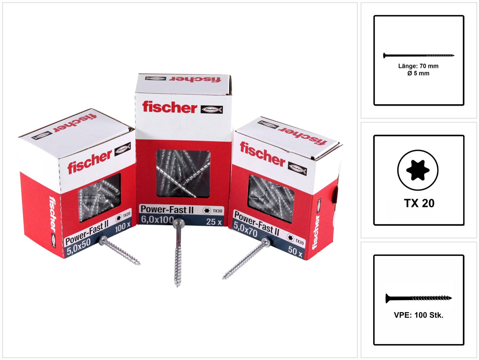 Fischer Power-Fast II FPF II Spanplattenschraube 5,0x70 mm 100 Stück ( 670380 ) Senkkopf mit Torx Teilgewinde galvanisch verzinkt, blau passiviert
