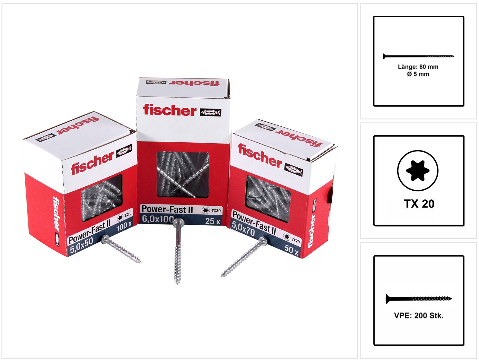 Fischer Power-Fast II FPF II Spanplattenschraube 5,0x80 mm 200 Stück ( 670383 ) Senkkopf mit Torx Teilgewinde galvanisch verzinkt, blau passiviert