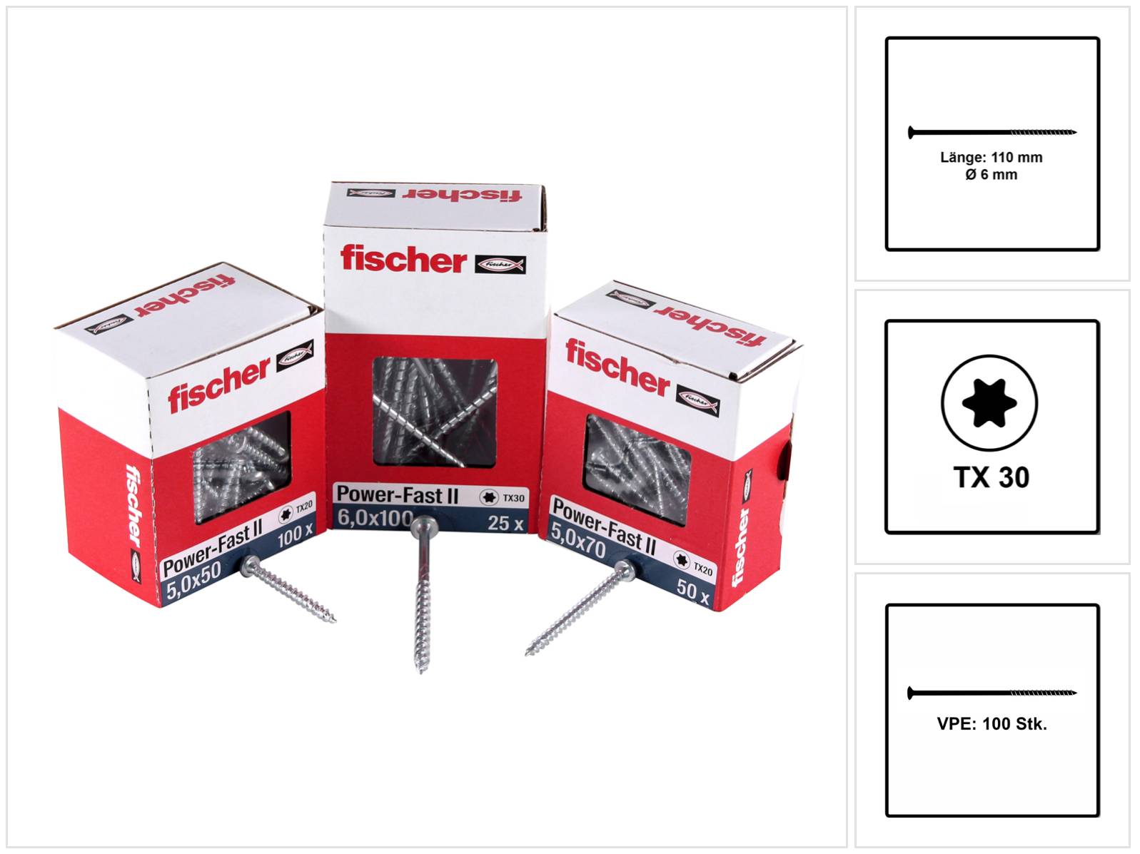 Fischer Power-Fast II FPF II Spanplattenschraube 6,0x110 mm 100 Stück ( 670459 ) Senkkopf mit Torx Teilgewinde galvanisch verzinkt, blau passiviert