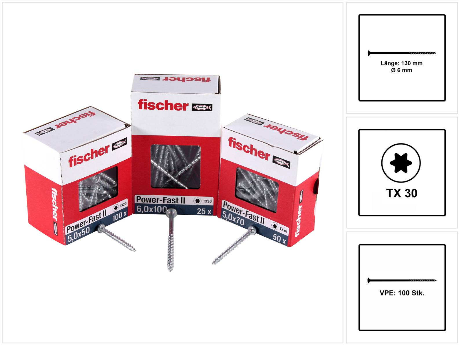 Fischer Power-Fast II FPF II Spanplattenschraube 6,0x130 mm 100 Stück ( 670461 ) Senkkopf mit Torx Teilgewinde galvanisch verzinkt, blau passiviert