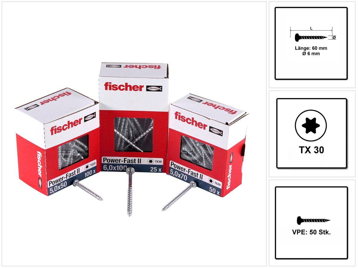 fischer Power-Fast II 670532 Spanplattenschrauben 6 mm 60 T-Profil Stahl - 6 mm