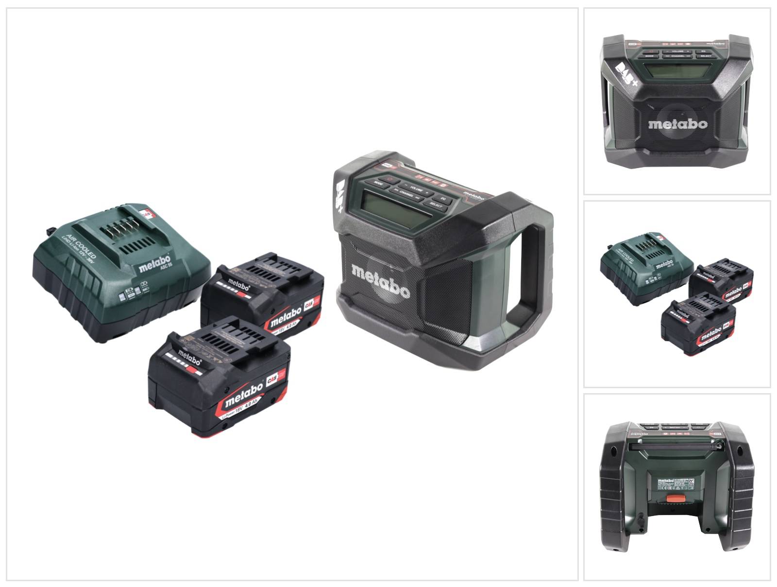 Ein Metabo-Ladegerät mit zwei Batterien und einem Wechselrichter, das Ausrüstung für Elektrowerkzeuge präsentiert.