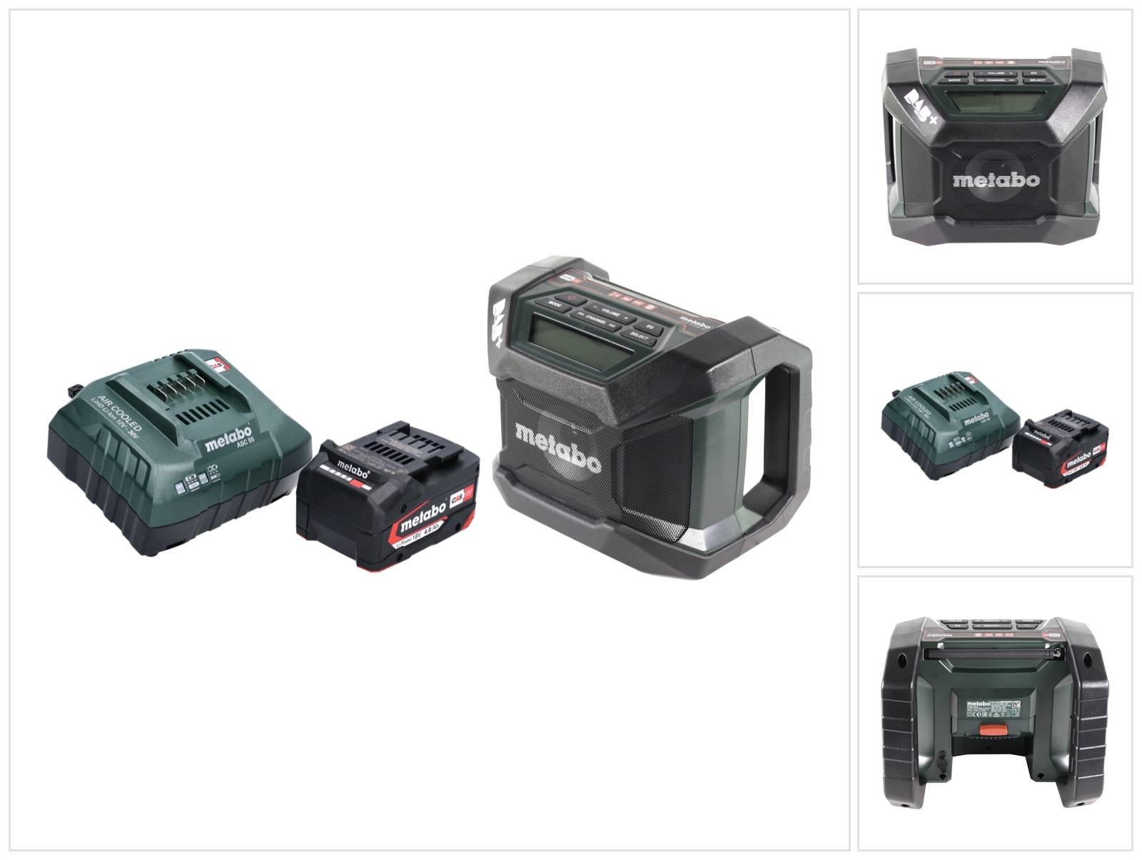 Drei Metabo-Produkte: ein Akkuladegerät, ein Akku und ein Radio mit Griff, die tragbare Elektrowerkzeuge präsentieren.