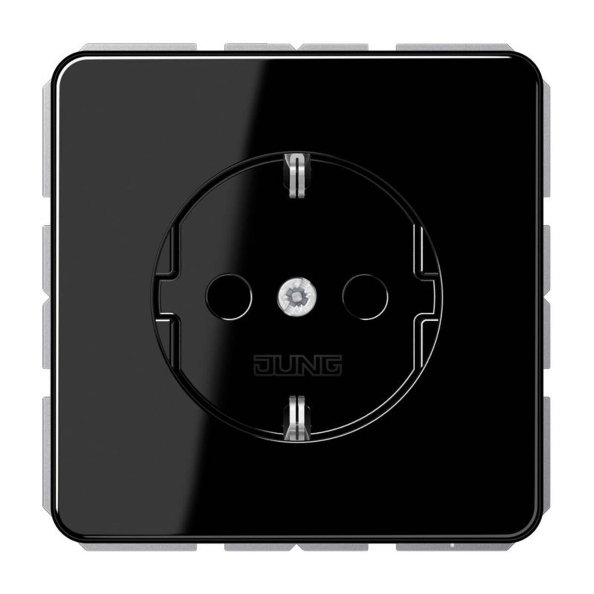 Schwarze JUNG Elektrosteckdose mit zwei runden Steckplätzen in einer quadratischen Blende.