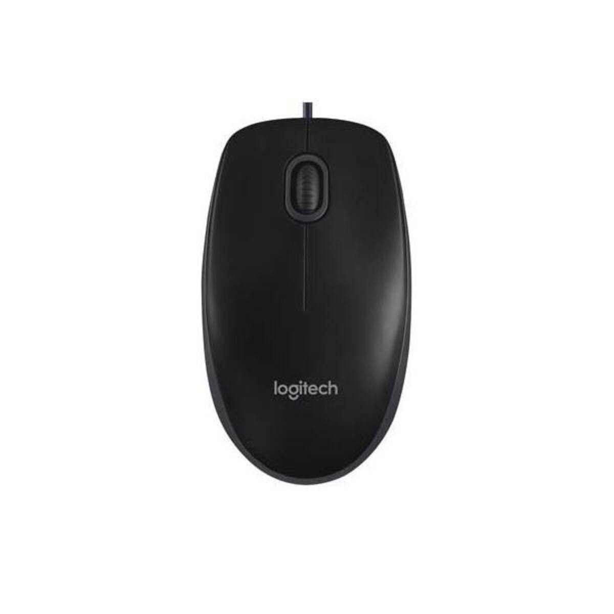 Eine schwarze kabelgebundene Computermaus mit einem Scrollrad und dem 'Logitech' Logo darauf.