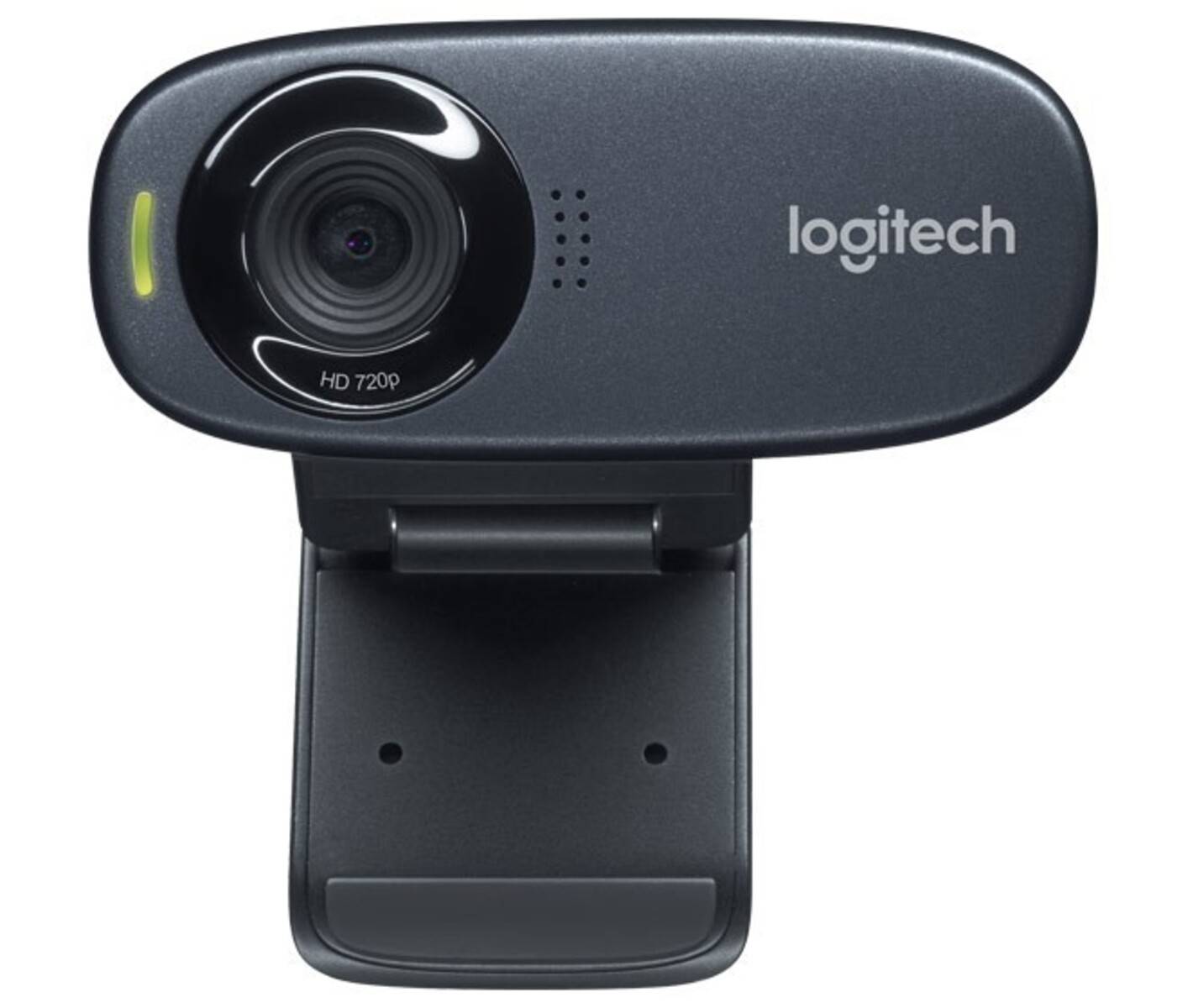 Eine schwarze Logitech HD 720p Webcam mit einer kleinen Linse und Clip, die zum Anbringen an einem Computermonitor entwickelt wurde.