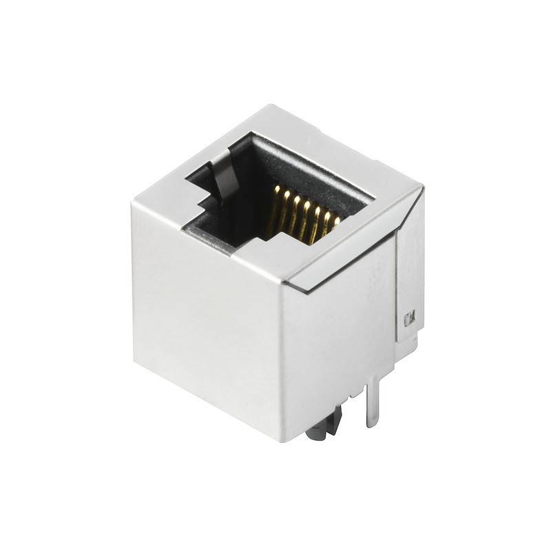 Eine RJ45-Ethernetbuchse, die häufig für Netzwerke verwendet wird, in einem metallischen Gehäuse.