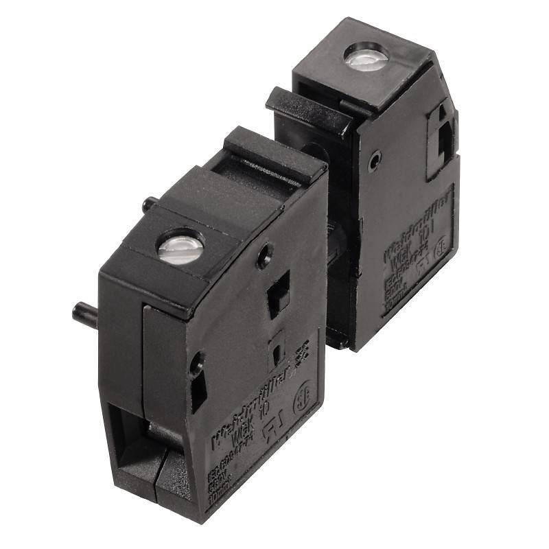 Zwei schwarze Kunststoff-Elektroschalter nebeneinander, jeweils mit einer kleinen rechteckigen Form und einer kreisförmigen transparenten Komponente oben.