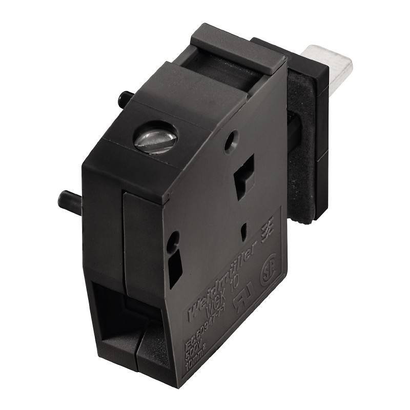 Ein schwarzer elektrischer Grenzschalter mit einem Hebel, der zwei Befestigungslöcher und einen Schraubklemmenanschluss zur Verbindung aufweist.