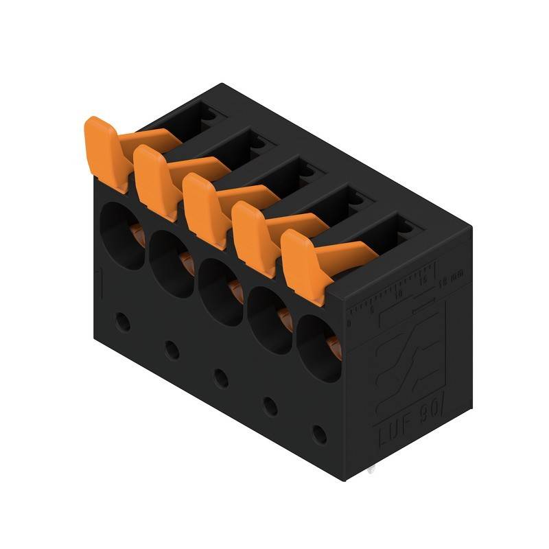Ein schwarzer und orangefarbener Elektroklemmenblock mit fünf Anschlusspunkten, konzipiert zum Einfügen von Leitern und sicheren Befestigen in elektrischen Systemen.