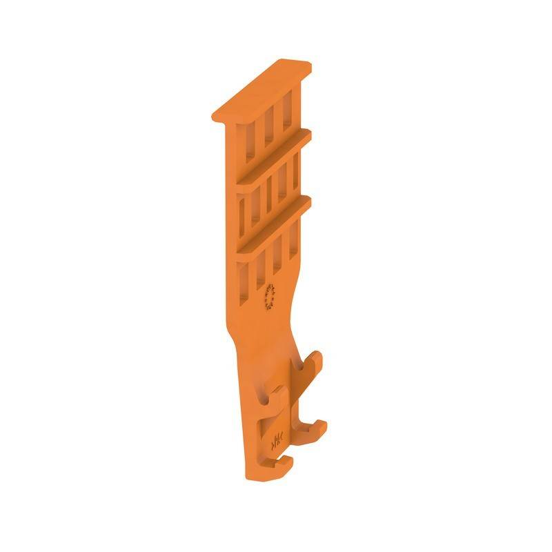 Ein orangefarbener Plastik-Kartenführungsclip, der in Computer-Hardware verwendet wird, um Erweiterungskarten zu befestigen, mit Ausrichtungsschlitzen und einem klappbaren Clip.