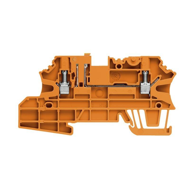 Ein orangefarbener Klemmenblock, der interne Verbindungskomponenten zeigt, verwendet für elektrische Verdrahtungssysteme.