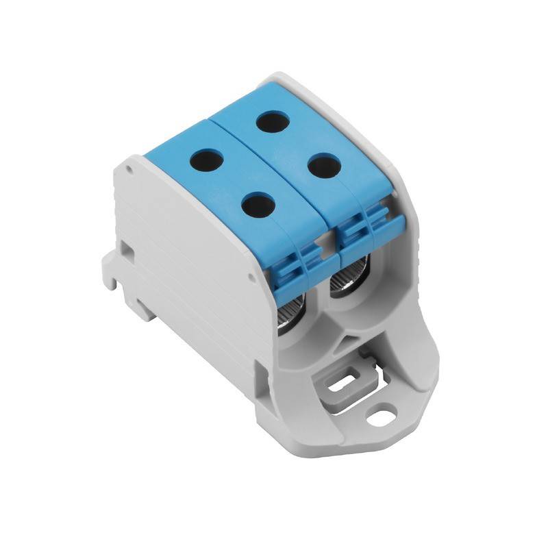 Ein blau-weißer Elektro-Anschlussblock mit zwei Öffnungen für Verkabelung, der zur Verbindung elektrischer Schaltkreise verwendet wird.