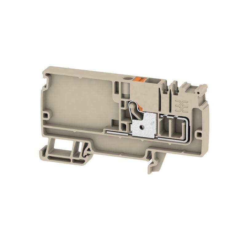 Eine Nahaufnahme einer beigen elektrischen Anschlussklemme mit sichtbarem Metallklemmenmechanismus und orangefarbenen Markierungen oben, die zum Verbinden von Drähten verwendet wird.
