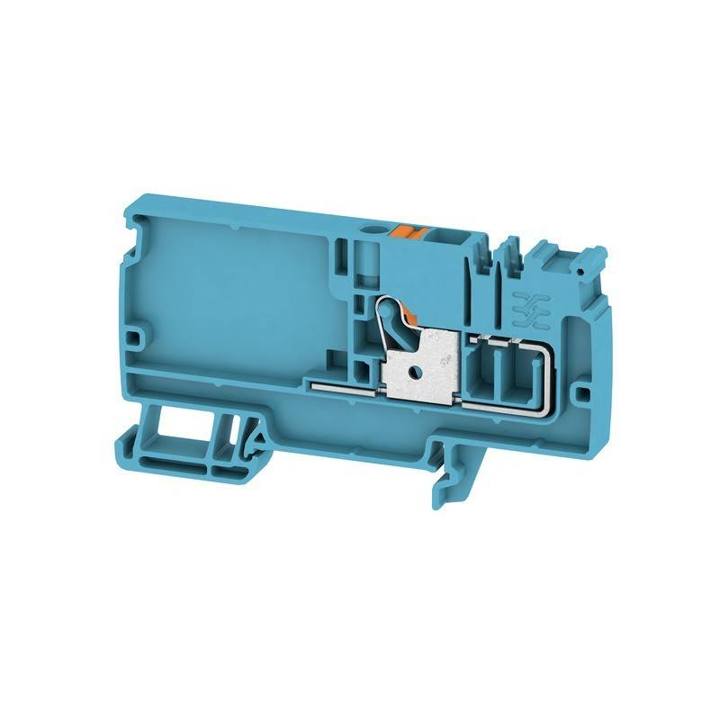 Ein blauer Terminalblock mit Metallkomponenten, der für elektrische Verbindungen in industriellen Anwendungen verwendet wird.