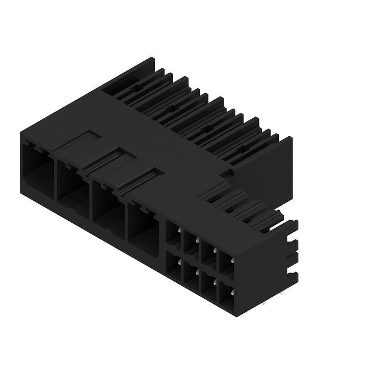 Ein 3D-gerendertes Bild eines schwarzen Kunststoff-Elektroniksteckers mit mehreren rechteckigen Schlitzen und Rippen an der Oberseite für einen sicheren Sitz.