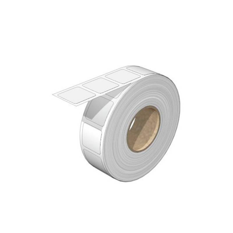 Eine Rolle weißer Etiketten mit rechteckigen Formen, die teilweise abgerollt und sichtbar sind, vor einem einfarbigen Hintergrund.