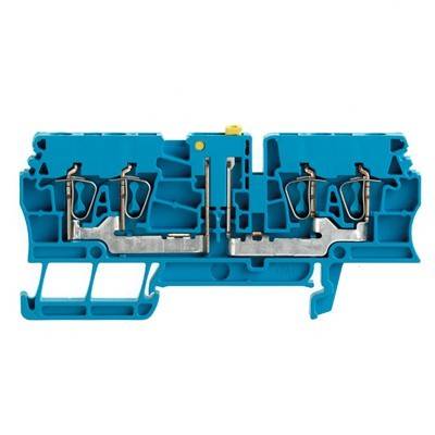 Querschnitt eines blauen elektrischen Terminalblocks, der die internen Metallkontakte und Anschlusspunkte für die Verkabelung zeigt.