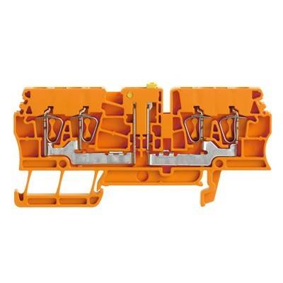 Ein Bild eines orangefarbenen zweistufigen Klemmenblocks, der interne leitfähige Pfade und Verbindungen zeigt, der in elektrischen Installationen verwendet wird.