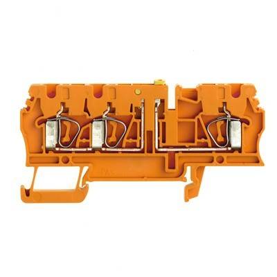 Ein orangefarbener elektrischer Anschlussklemmenblock mit Metallverbindern und einer komplexen Innenstruktur, die für Verkabelung und elektrische Verbindungen konzipiert ist.