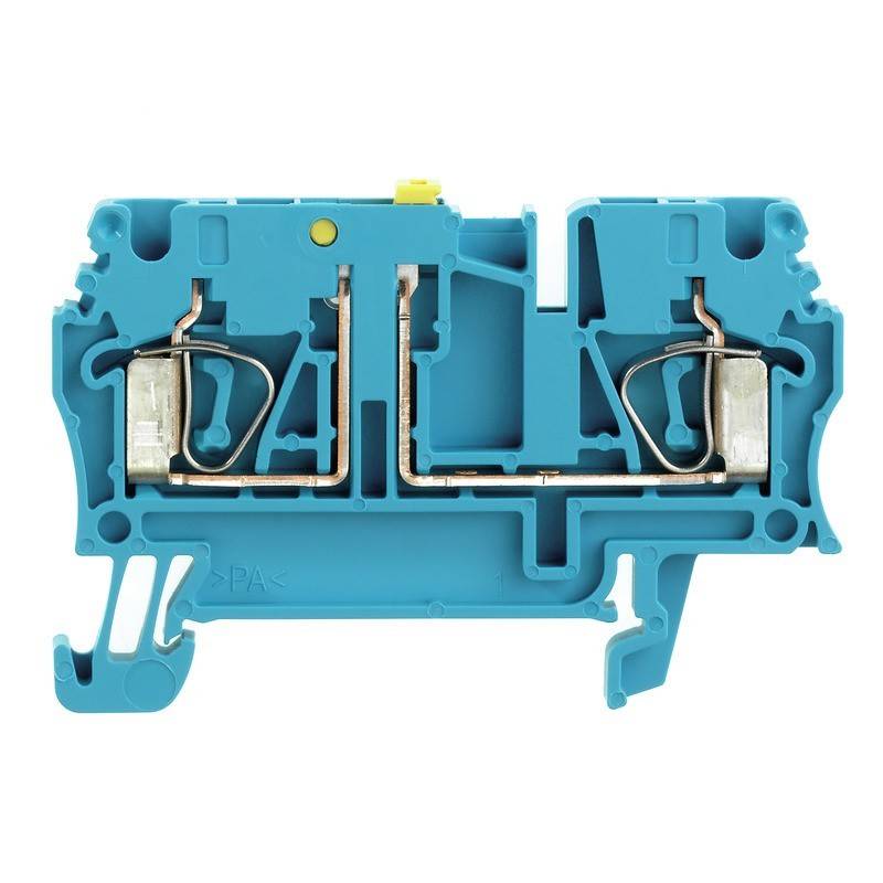 Ein blauer elektrischer Anschlussblock mit Kupferleitern im Inneren, konstruiert für Verdrahtungsverbindungen in elektrischen Verteilerkästen.