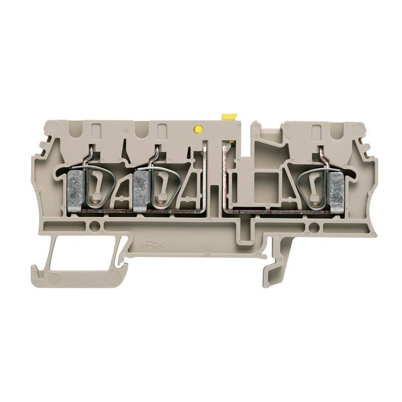Ein grauer modularer Klemmblock mit Metallleiteranschlüssen ist abgebildet. Er verfügt über mehrere Steckplätze für Verkabelung, typisch für elektrische Installationen.