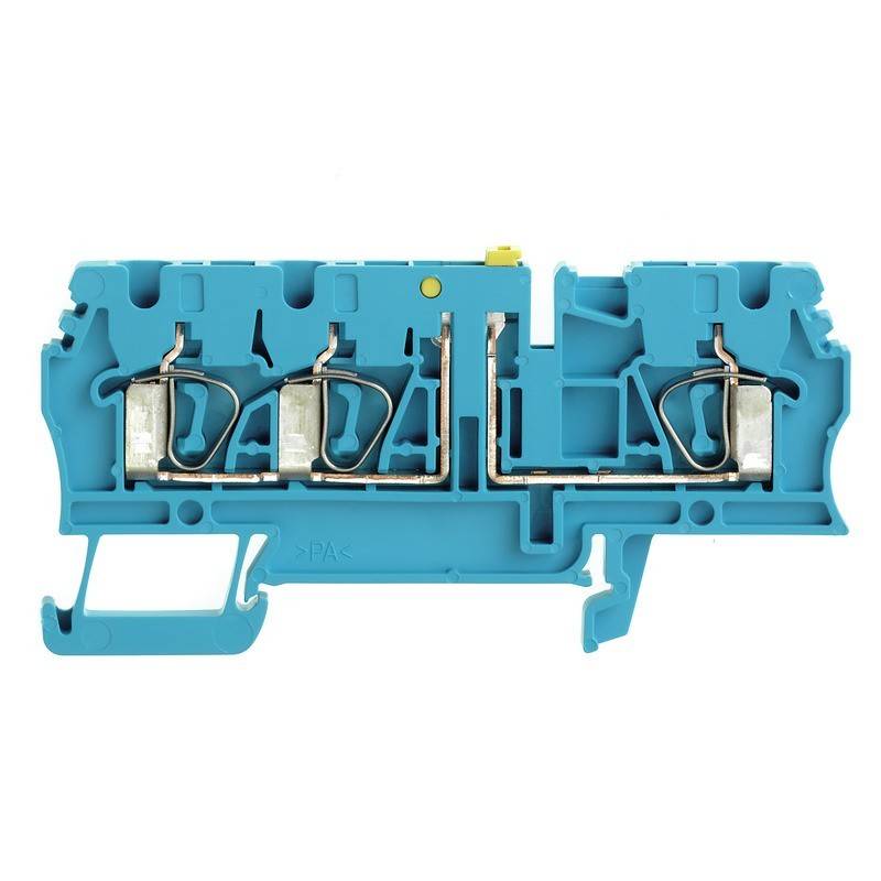 Ein elektrischer Klemmenblock, blau und aus Kunststoff, mit sichtbaren internen Metallverbindern für Verdrahtungen, der in elektrischen Schaltkreisen zur Kabelorganisation verwendet wird.