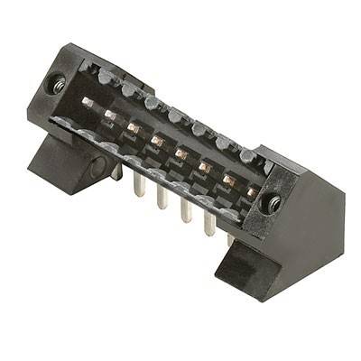 Nahaufnahme eines elektrischen Anschlusses mit mehreren Pins, montiert auf einem schwarzen Winkelbefestigungshalter, typischerweise verwendet für elektronische Geräte.